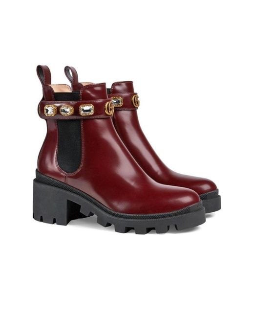 Gucci Brown Crystal-embellished Ankle Leather Boots