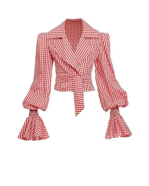 Balmain Red Balloon-sleeve Gingham Blouse