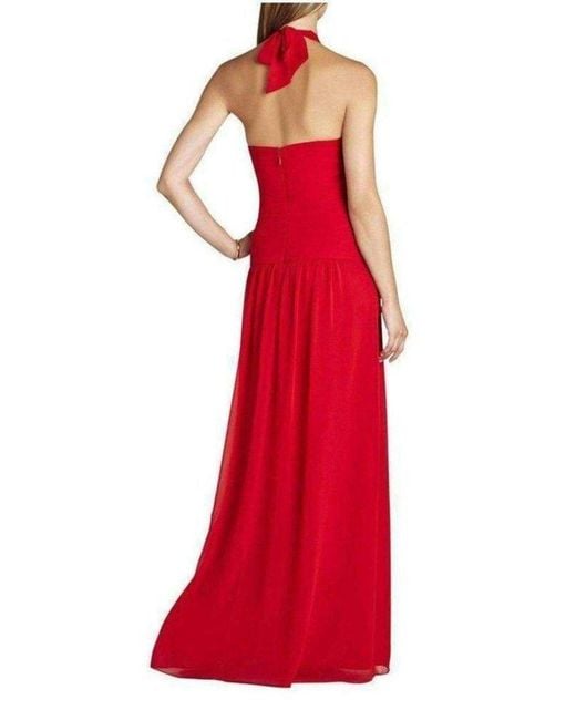 BCBGMAXAZRIA Red Selene Halter Neck Ruched Dress