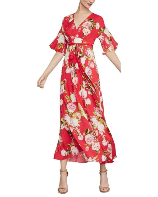 BCBGMAXAZRIA Red Floral-print Faux-wrap Maxi Dress