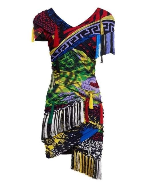 Versace Multicolor Mega Mix Print Fringe Mini Dress