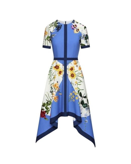 Oscar de la Renta Blue Floral-print Flared Cotton Dress