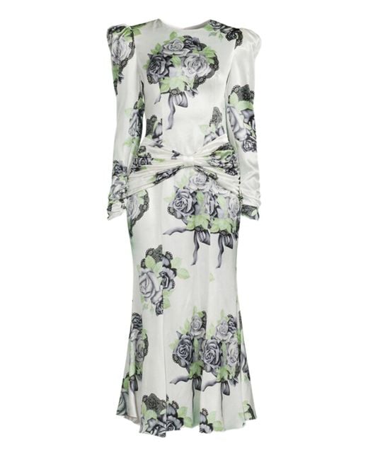 Alessandra Rich Gray Silk Satin Rose Print Midi Dress