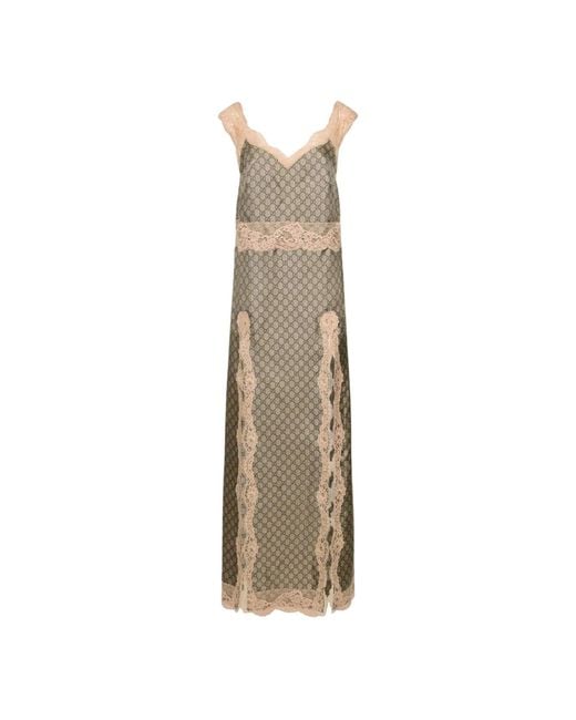 Gucci Natural GG Supreme Lace Trim Silk Maxi Dress