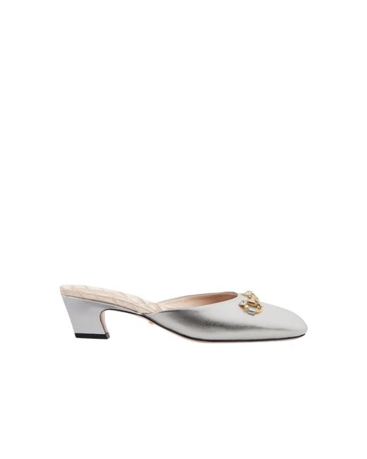 Gucci White Silver Leather Horsebit Mules