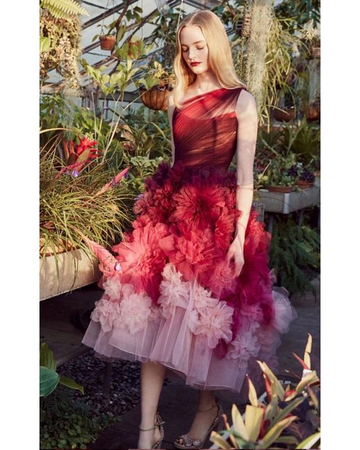 Marchesa Red One Shoulder Floral Dress