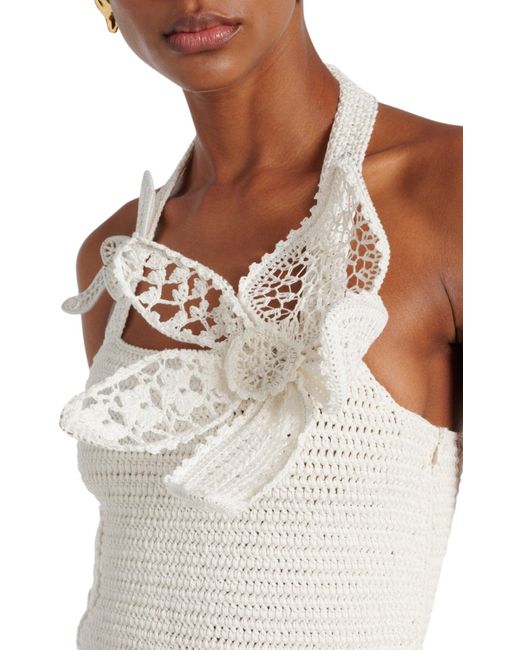 Oscar de la Renta White Halter Orchid Crochet Knit Dress