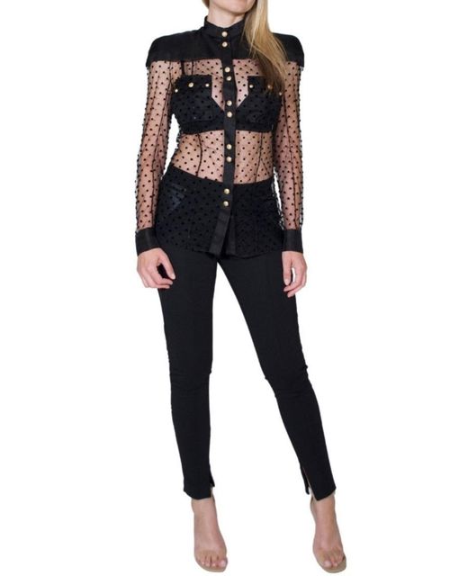 Balmain Long Sleeve Black Polka Dot Silk Shirt With Gold Buttons