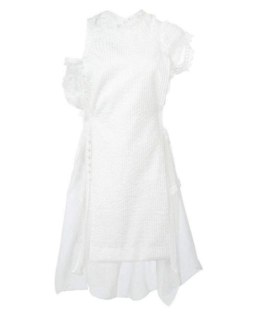 Sacai Lace Trim White Seersucker Dress