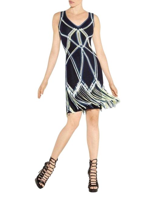 Hervé Léger Blue Charoletta Basket Weave Fringe Jacquard Dress
