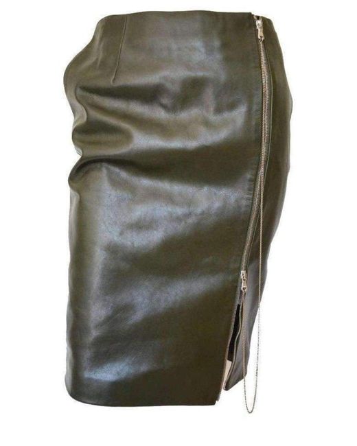 Jean Paul Gaultier Dark Olive Green Front Zipper Leather Skirt