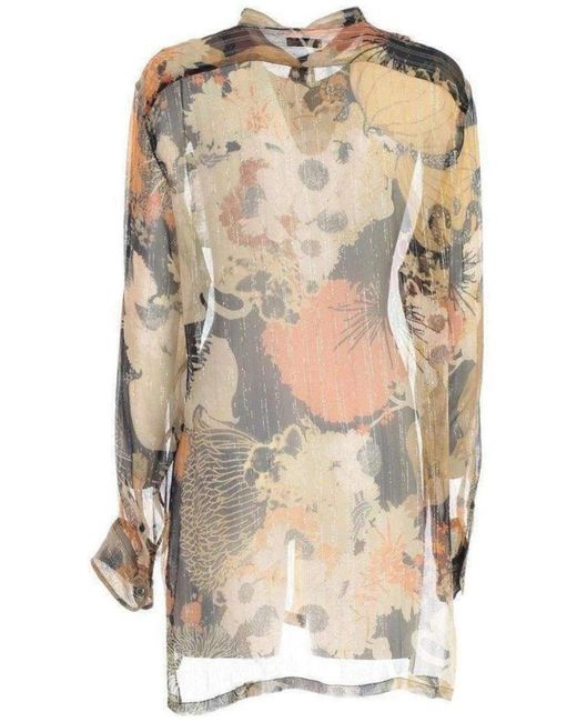 Dries Van Noten Orange Floral Print Silk Chiffon Shirt