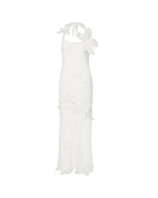 Oscar de la Renta White Halter Orchid Crochet Knit Dress
