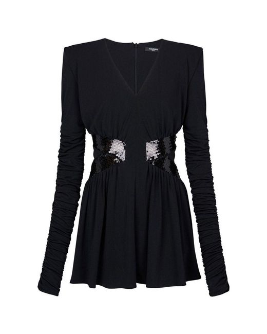 Balmain Black Sequin-embellished V-neck Mini Dress