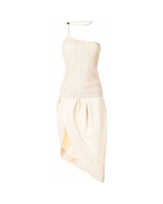Jacquemus Natural La Bomba Asymmetric Beige Midi Dress