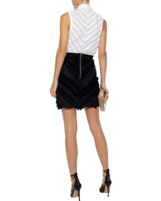 Balmain Black Chevron Fringed Mini Skirt
