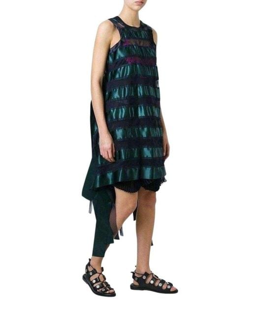 Sacai Green Transparent Stripe Panel Dress