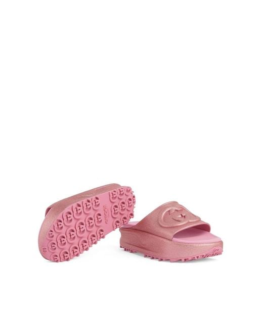 サンダル・ミュール Miami GG-Embossed Pink Rubber Slides gucci-miami-gg-embossed-