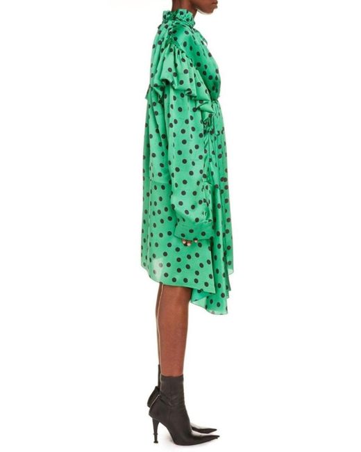 Balenciaga Green Polka Dot Print Long Sleeve Logo Jacquard Babydoll Dress