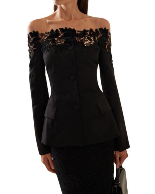 Oscar de la Renta Black Off-shoulder Velvet Guipure Lace Blazer
