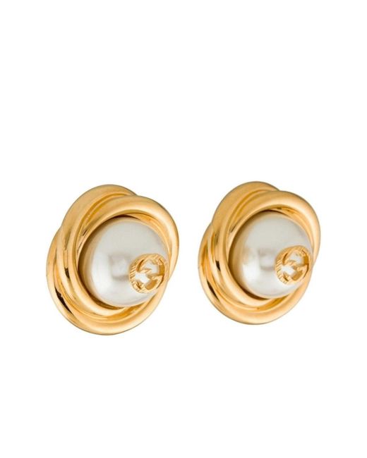 Gucci Metallic Gold-tone Double G Faux Pearl Clip-on Earrings