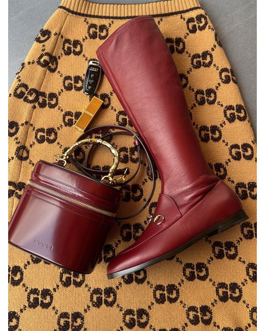 Gucci Red Burgundy Bamboo Handle Leather Bucket Bag