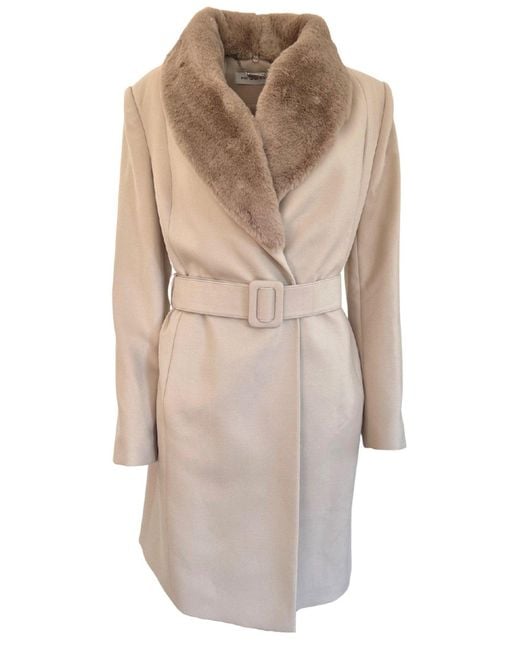 Cult Moda Natural Faux Fur Collar Wrap Trench Coat