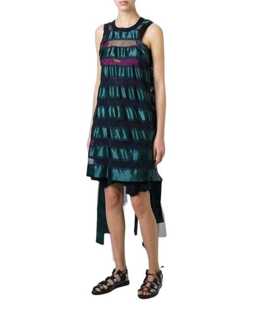 Sacai Green Transparent Stripe Panel Dress