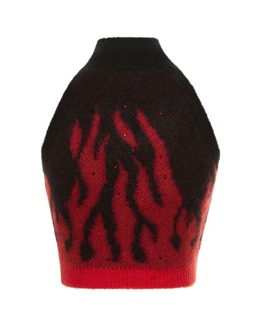 Alessandra Rich Red Flames Jacquard Knit Crop Top