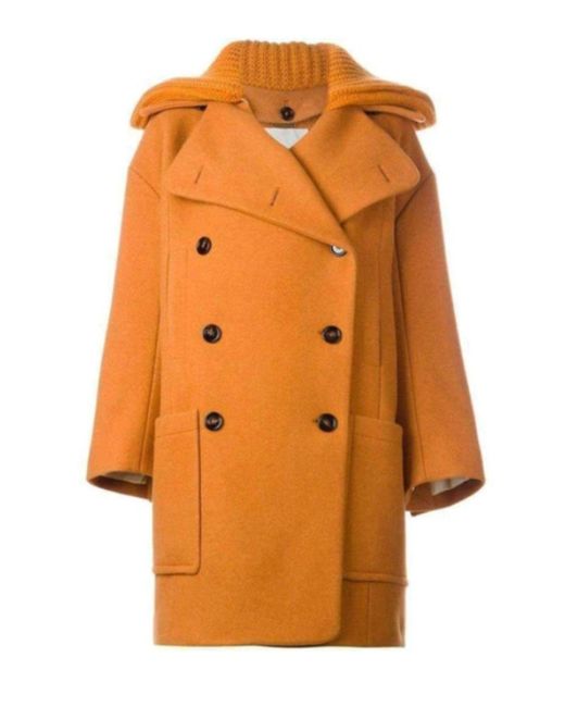 Chloé Brown Rib Knit Collar Double Breasted Wool Coat