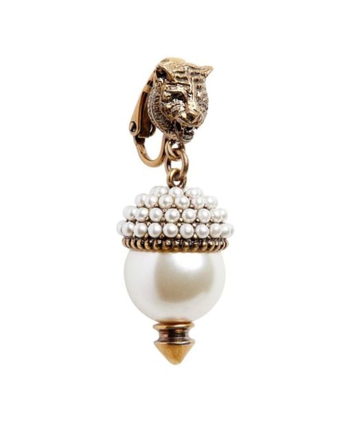 Gucci Metallic Feline Head Pearl Drop Earrings