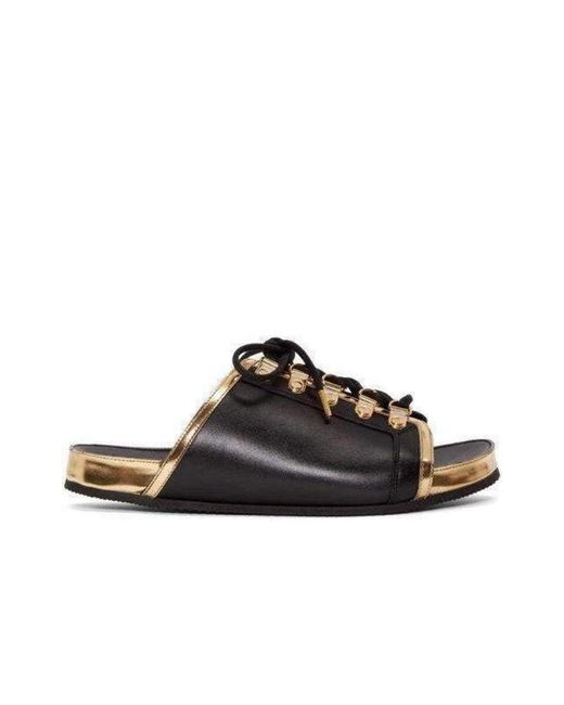 Balmain Gold Lace Up Sliders Leather Sandals in Black for Men