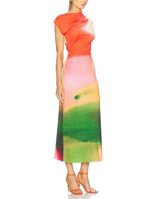 Oscar de la Renta Red Draped Watercolor-print Jersey Midi Dress