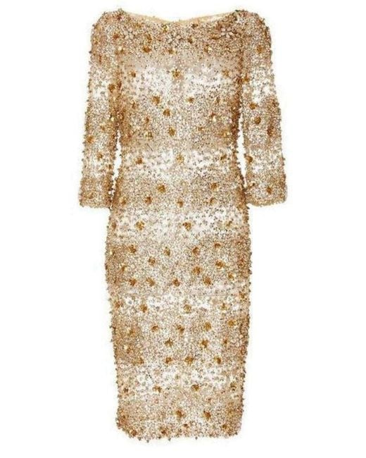 Naeem Khan Metallic Beaded Gold Fitted Cocktail Dress