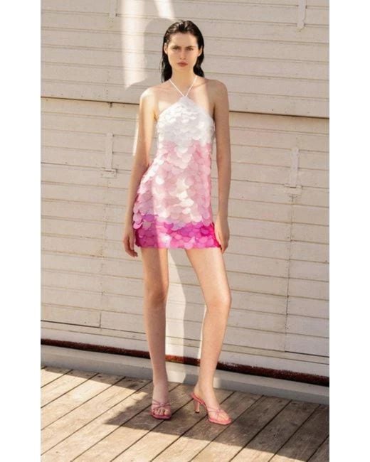 DES_PHEMMES Pink Paillette Sequinned Mesh Halter Mini Dress
