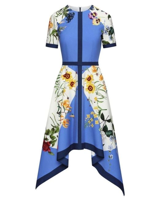 Oscar de la Renta Blue Floral-print Flared Cotton Dress