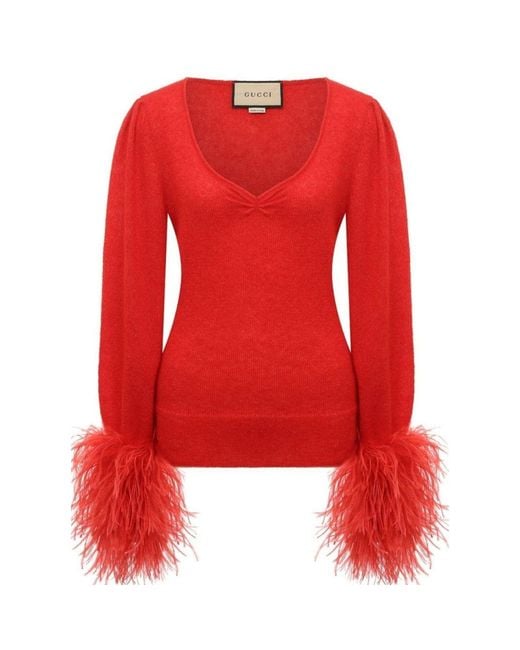 Gucci Red Feather Cuff Mohair Sweater