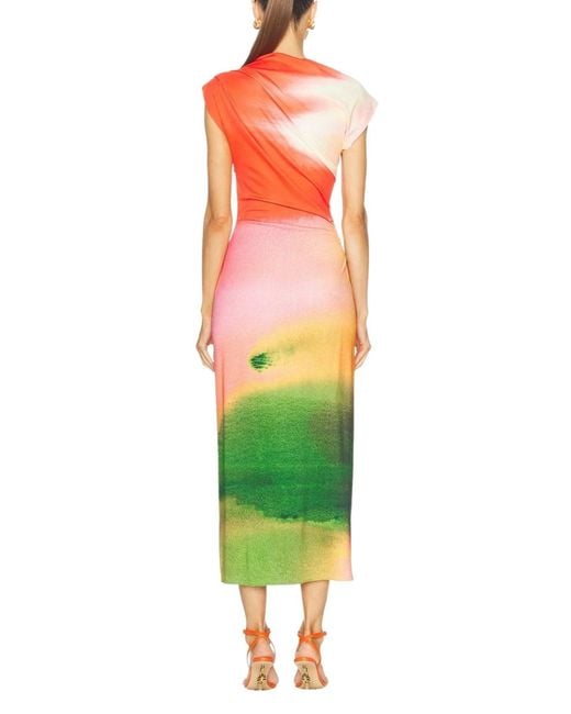Oscar de la Renta Red Watercolor Print Draped Jersey Midi Dress