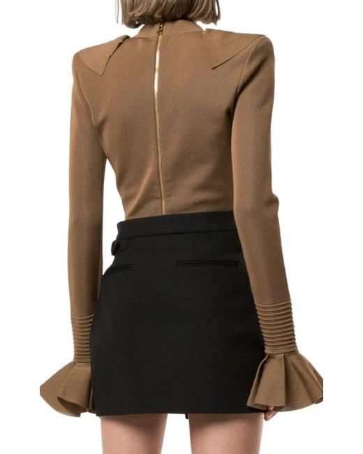 Balmain Natural Ruffled Knit Cutout Bodysuit