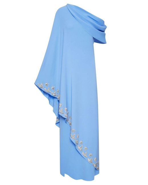 Oscar de la Renta Blue One Shoulder Drape Crystal Embroidered Dress