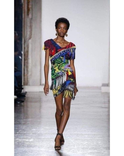 Versace Multicolor Mega Mix Print Fringe Mini Dress