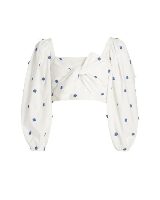 Farm Rio White Flower-embroidered Cotton Crop Top