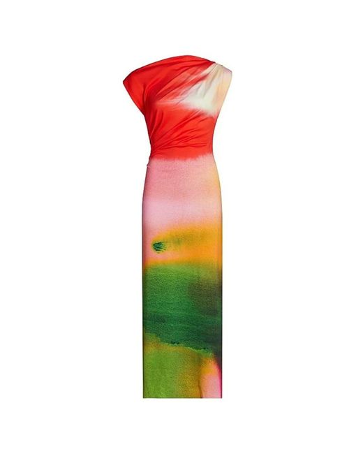 Oscar de la Renta Red Watercolor Print Draped Jersey Midi Dress