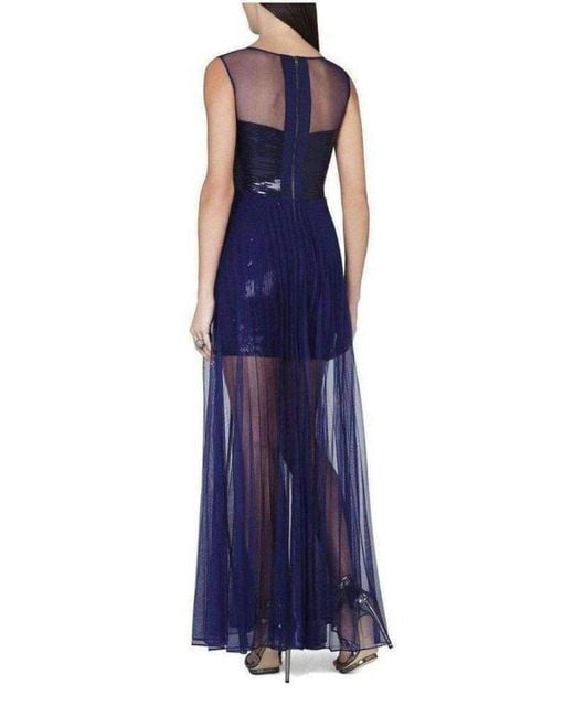 BCBGMAXAZRIA Blue Cynthia Sequinned Detail Sunburst Pleated Gown