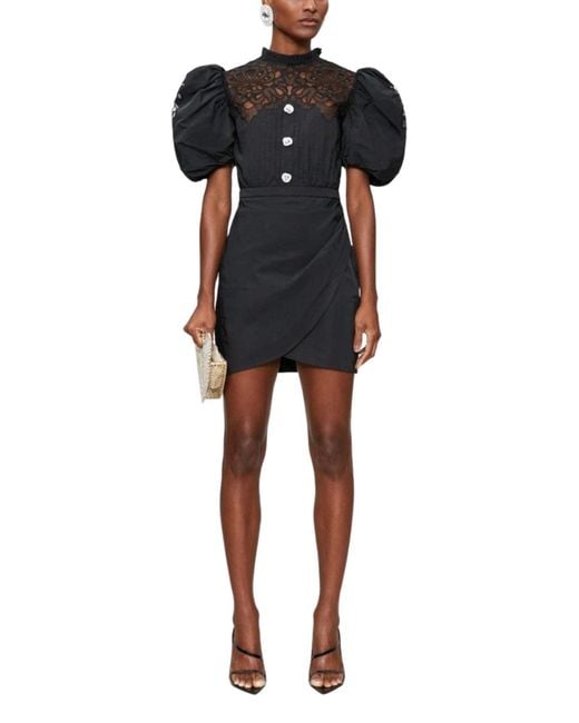 Alessandra Rich Black Taffeta Mini Dress With Lace