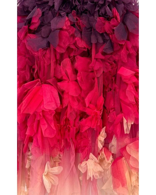 Marchesa Red One Shoulder Floral Dress