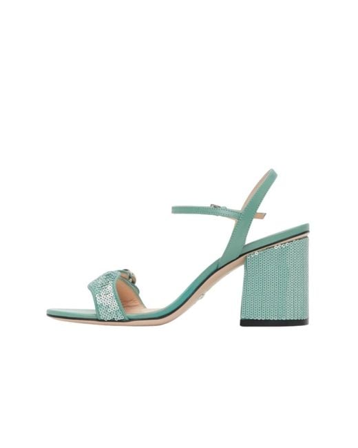 Gucci Blue Green Sequin GG Marmont Mid Heeled Sandals