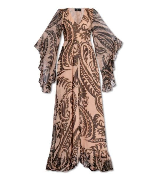 Etro Brown Printed V-neck Silk Dress
