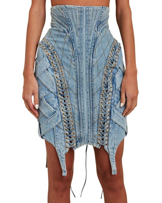 Balmain Blue High-waist Lace-up Denim Skirt