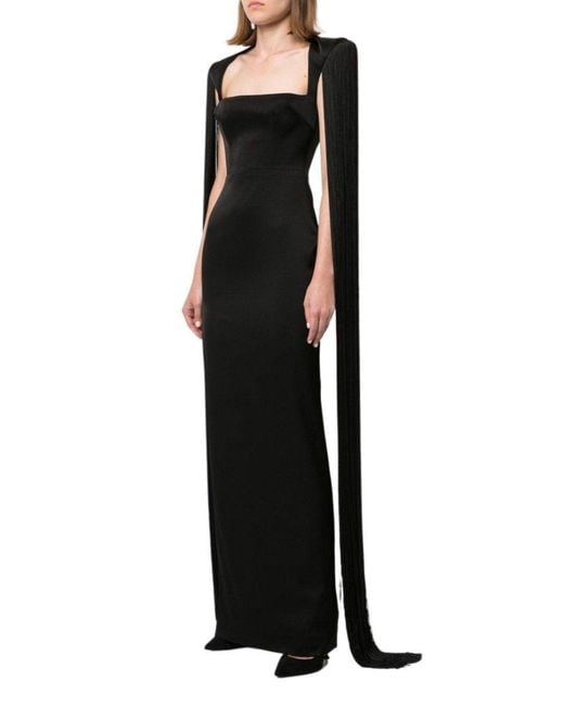 Alex Perry Black Dallas Fringed-sleeve Gown